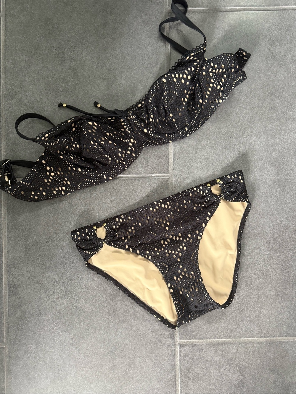 Asos Lepel Swim Bikini Black Nude Gold Accents 32DDD XS